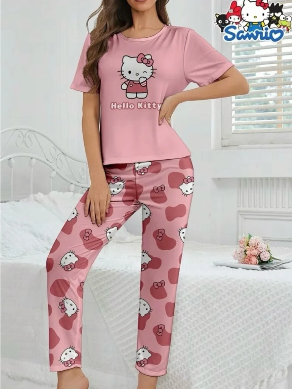Hello Kitty Pink Short-Sleeve Pajama Set with Printed Pants